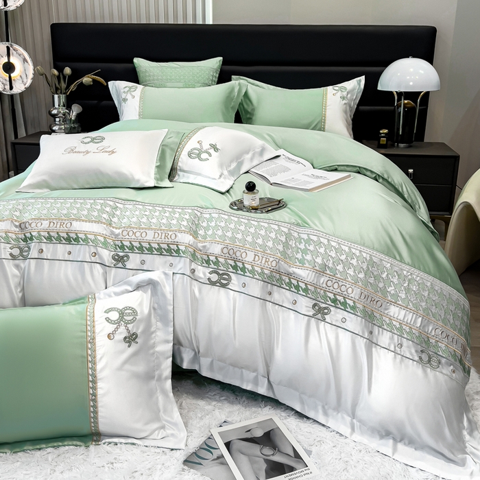 91家纺网 家纺一手货源 找家纺 欧冠家纺 2024新款绣花水洗真丝伊丽莎白四件套 伊丽莎白-抹茶绿