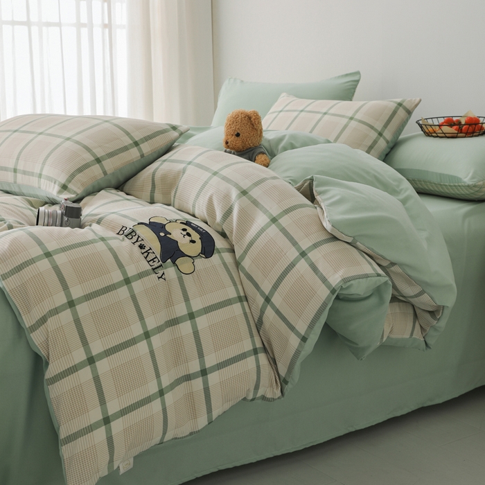 91家纺网 家纺一手货源 找家纺 潮邦创意家居 2025新款春夏亲肤水洗棉刺绣四件套-贝恩熊 贝恩熊-英伦绿