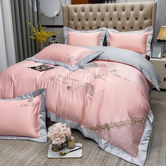 91家纺网 家纺一手货源 找家纺 欧冠家纺 2024新款绣花水洗真丝四件套莱娅四件套 莱娅-粉色