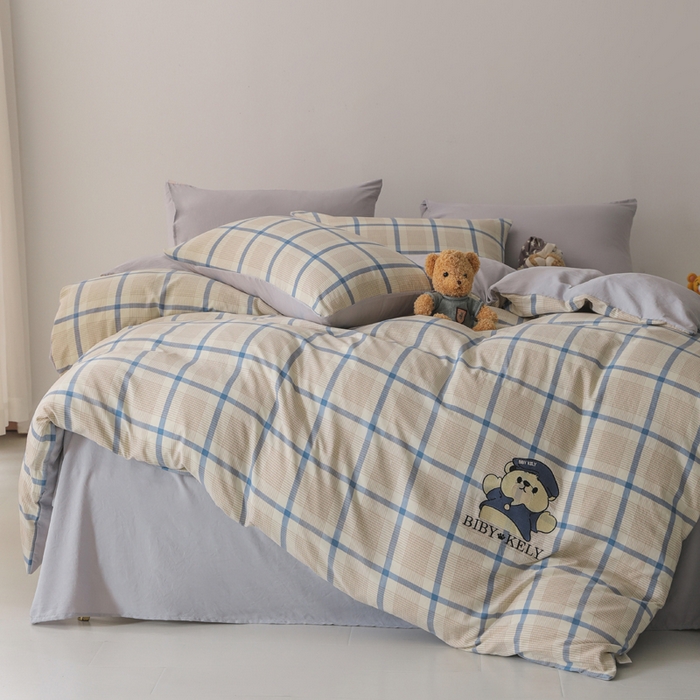 91家纺网 家纺一手货源 找家纺 潮邦创意家居 2025新款春夏亲肤水洗棉刺绣四件套-贝恩熊 贝恩熊-英伦蓝