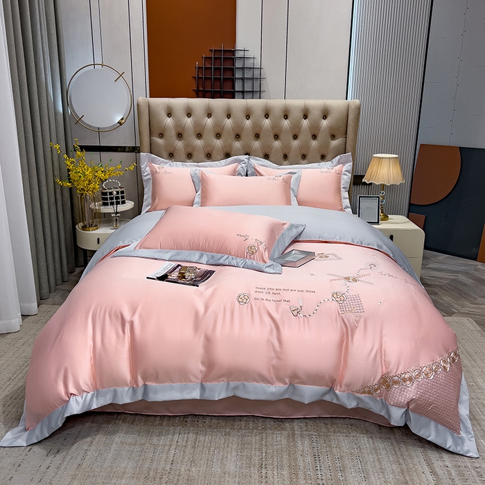 91家纺网 家纺一手货源 找家纺 欧冠家纺 2024新款绣花水洗真丝四件套莱娅四件套 莱娅-粉色