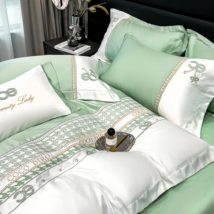 91家纺网 家纺一手货源 找家纺 欧冠家纺 2024新款绣花水洗真丝伊丽莎白四件套 伊丽莎白-抹茶绿