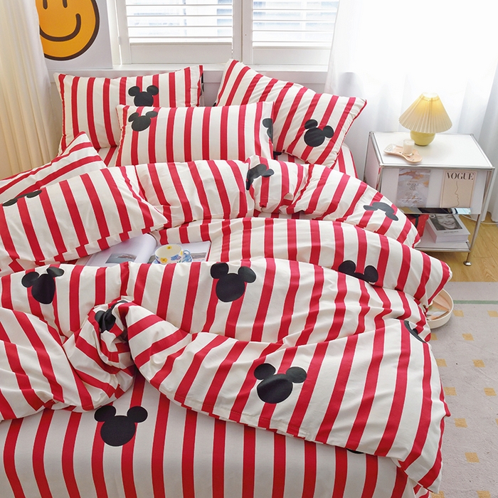 91家纺网 家纺一手货源 找家纺 启优家纺 2024新款全棉13070四件套 条纹米奇