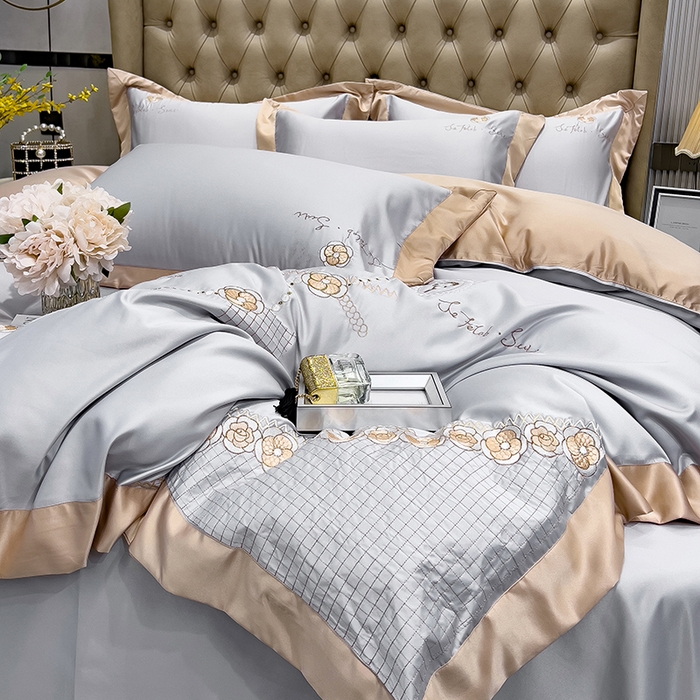 91家纺网 家纺一手货源 找家纺 欧冠家纺 2024新款绣花水洗真丝四件套莱娅四件套 莱娅-山灰