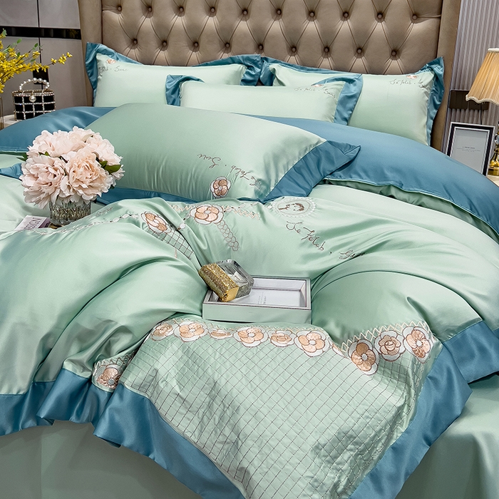 91家纺网 家纺一手货源 找家纺 欧冠家纺 2024新款绣花水洗真丝四件套莱娅四件套 莱娅-薄荷绿