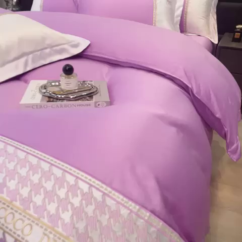 91家纺网 家纺一手货源 找家纺 欧冠家纺 2024新款绣花水洗真丝伊丽莎白四件套 伊丽莎白-素雅紫