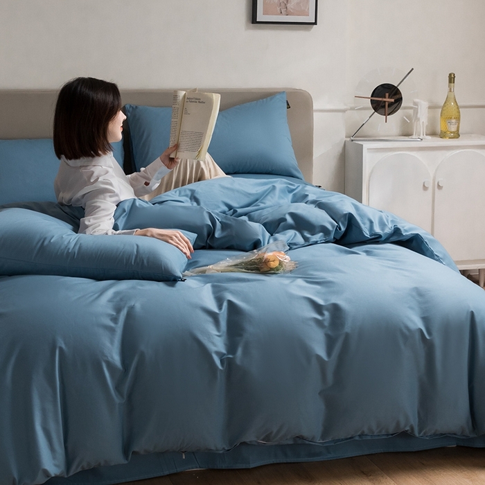 91家纺网 家纺一手货源 找家纺 澳梵家居 2024新款60支全棉纯色双拼金标款四件套-素写繁华系列 绅士蓝