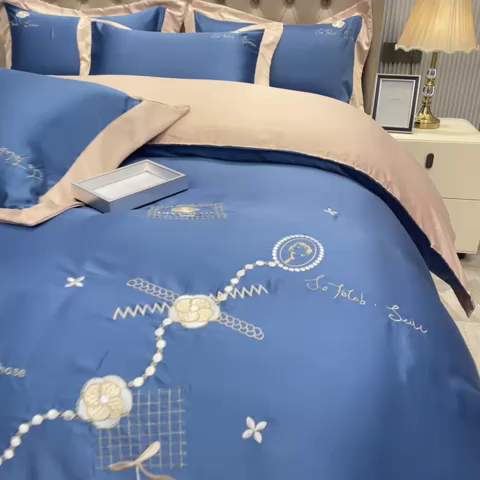 91家纺网 家纺一手货源 找家纺 欧冠家纺 2024新款绣花水洗真丝四件套莱娅四件套 莱娅-宾利蓝