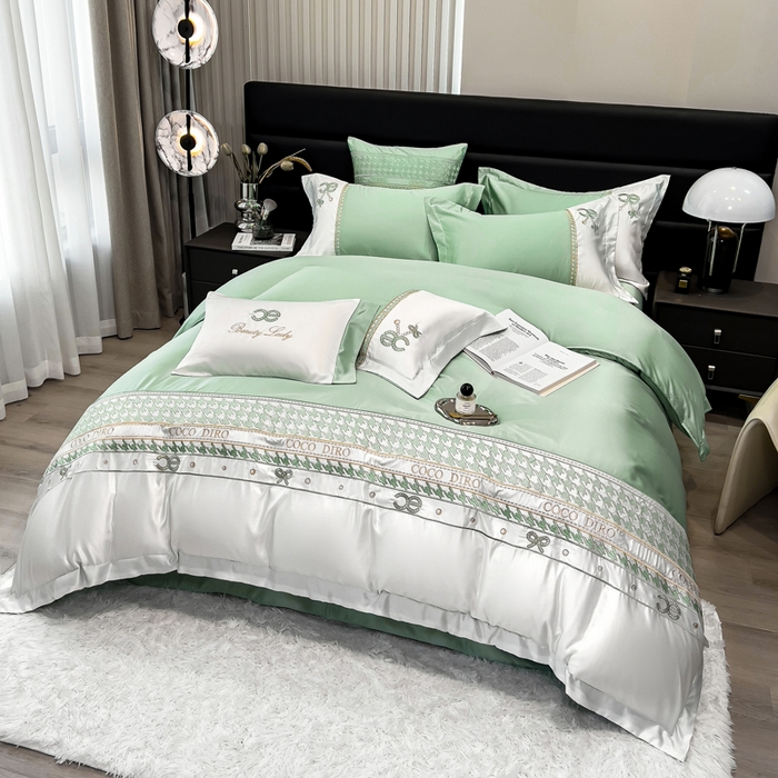 91家纺网 家纺一手货源 找家纺 欧冠家纺 2024新款绣花水洗真丝伊丽莎白四件套 伊丽莎白-抹茶绿