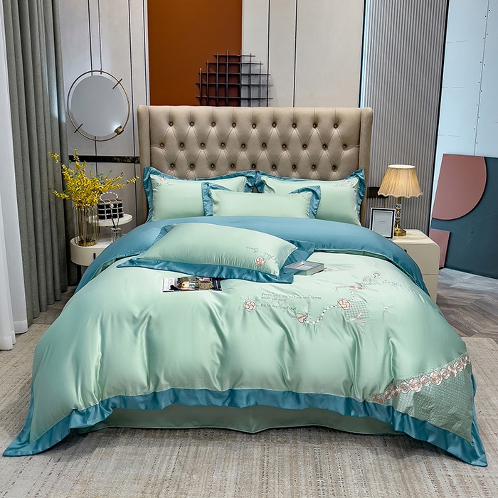 91家纺网 家纺一手货源 找家纺 欧冠家纺 2024新款绣花水洗真丝四件套莱娅四件套 莱娅-薄荷绿