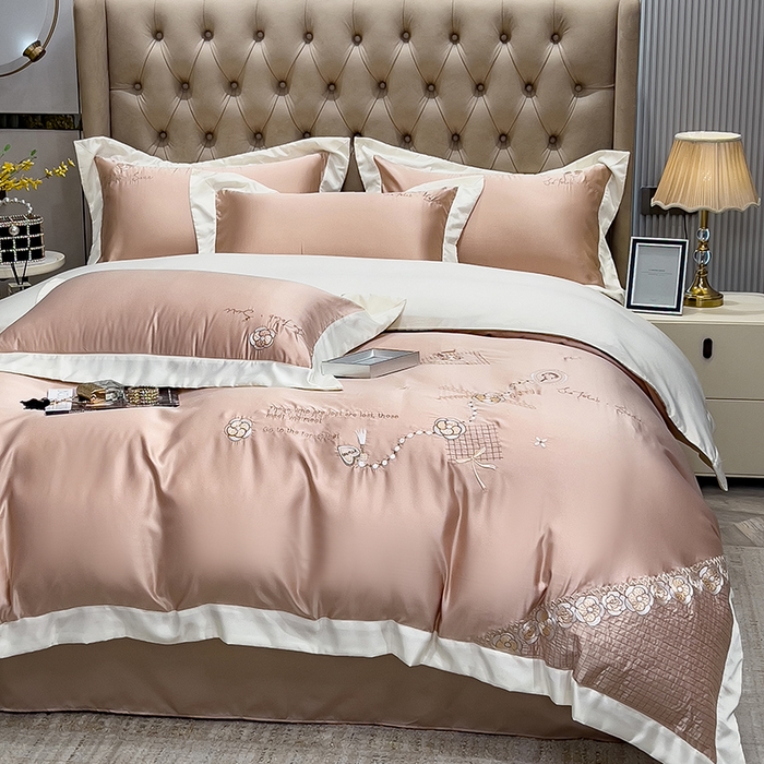 91家纺网 家纺一手货源 找家纺 欧冠家纺 2024新款绣花水洗真丝四件套莱娅四件套 莱娅-香槟金