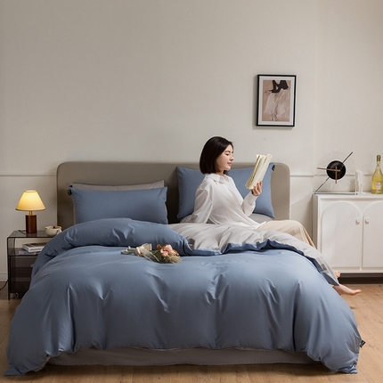 91家纺网 家纺一手货源 找家纺 澳梵家居 2024新款60支全棉纯色双拼金标款四件套-素写繁华系列 莱茵蓝-椰子灰