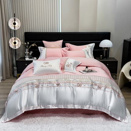 欧冠家纺 2024新款绣花水洗真丝伊丽莎白四件套 伊丽莎白-贵族粉