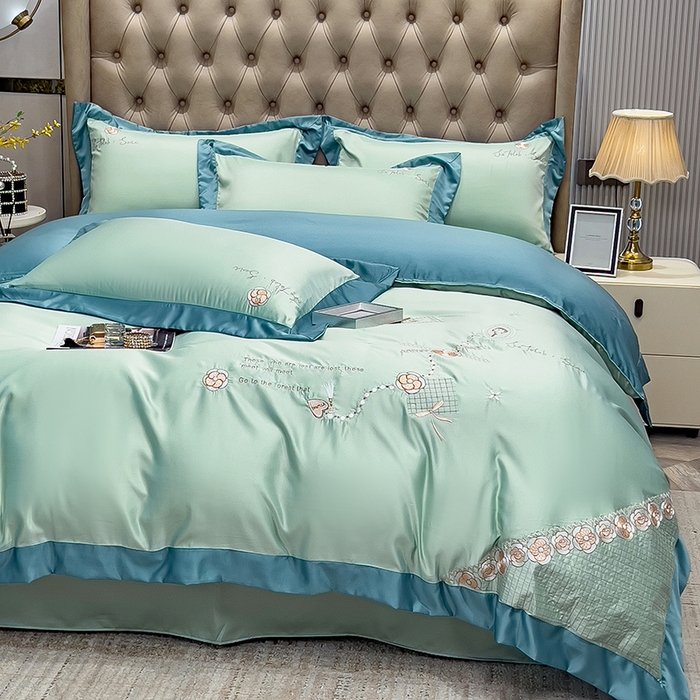 91家纺网 家纺一手货源 找家纺 欧冠家纺 2024新款绣花水洗真丝四件套莱娅四件套 莱娅-薄荷绿