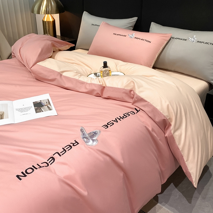 91家纺网 家纺一手货源 找家纺 澳梵家居 2024新款60支全棉刺绣四件套-梦蝶系列 梦蝶-香叶粉