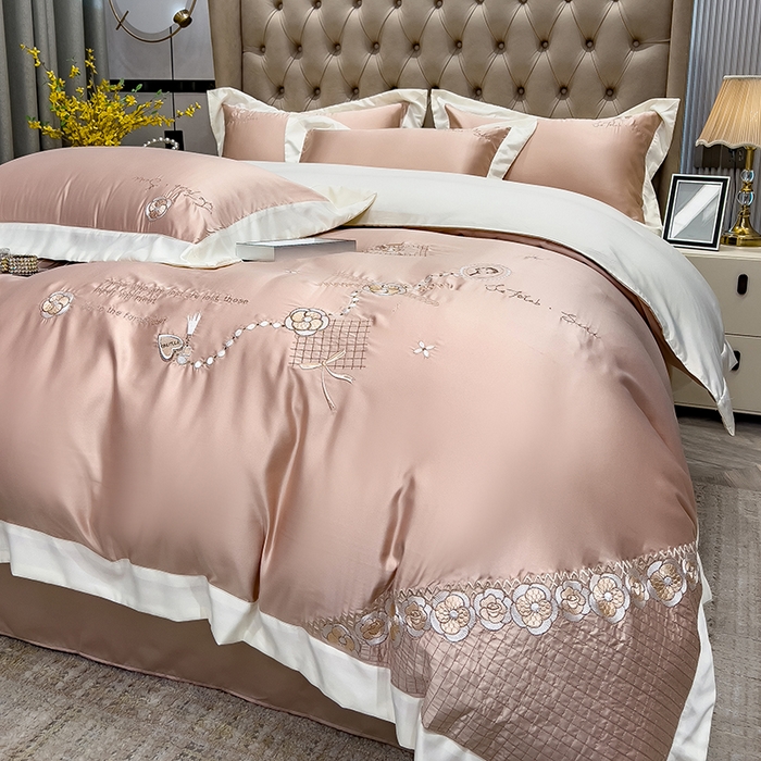 91家纺网 家纺一手货源 找家纺 欧冠家纺 2024新款绣花水洗真丝四件套莱娅四件套 莱娅-香槟金