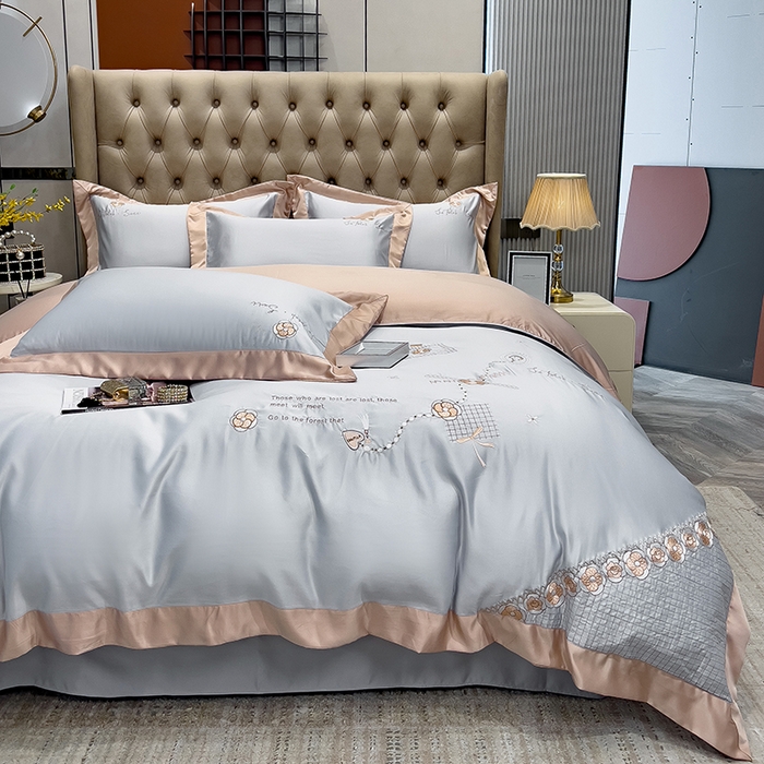 91家纺网 家纺一手货源 找家纺 欧冠家纺 2024新款绣花水洗真丝四件套莱娅四件套 莱娅-山灰