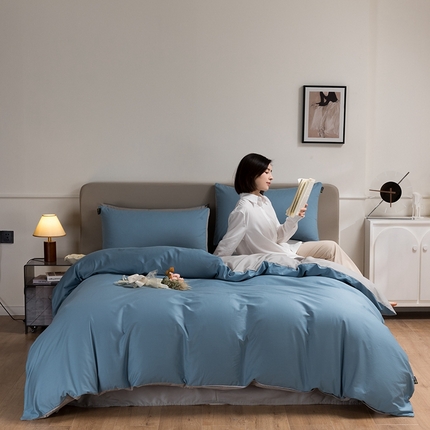 91家纺网 家纺一手货源 找家纺 澳梵家居 2024新款60支全棉纯色双拼金标款四件套-素写繁华系列 绅士蓝-椰子灰