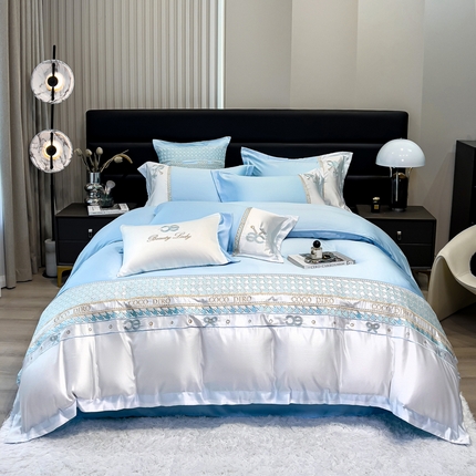 欧冠家纺 2024新款绣花水洗真丝伊丽莎白四件套 伊丽莎白-梵星蓝
