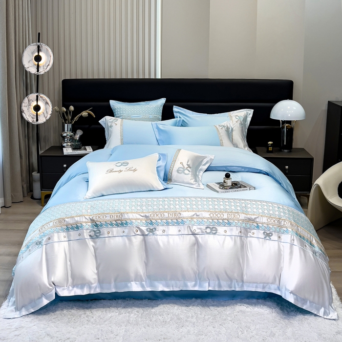 91家纺网 家纺一手货源 找家纺 欧冠家纺 2024新款绣花水洗真丝伊丽莎白四件套 伊丽莎白-梵星蓝