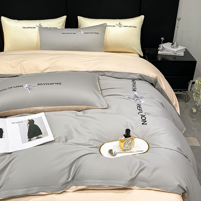 91家纺网 家纺一手货源 找家纺 澳梵家居 2024新款60支全棉刺绣四件套-梦蝶系列 梦蝶-山灰