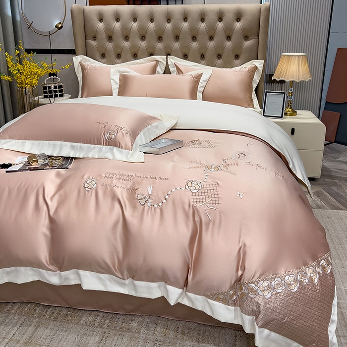 91家纺网 家纺一手货源 找家纺 欧冠家纺 2024新款绣花水洗真丝四件套莱娅四件套 莱娅-香槟金