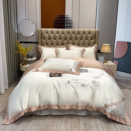 欧冠家纺 2024新款绣花水洗真丝四件套莱娅四件套 莱娅-珍珠白