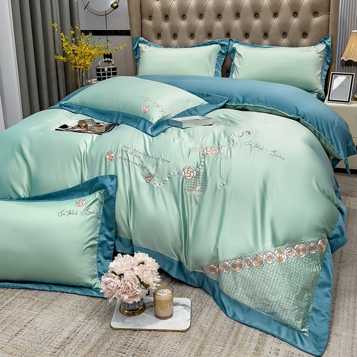 91家纺网 家纺一手货源 找家纺 欧冠家纺 2024新款绣花水洗真丝四件套莱娅四件套 莱娅-薄荷绿