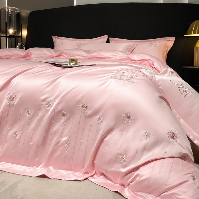 91家纺网 家纺一手货源 找家纺 欧冠家纺 2024新款水洗真丝绣花爱媛四件套 爱媛-樱花粉