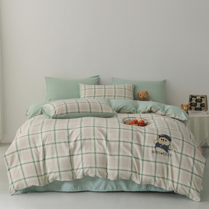 91家纺网 家纺一手货源 找家纺 潮邦创意家居 2025新款春夏亲肤水洗棉刺绣四件套-贝恩熊 贝恩熊-英伦绿