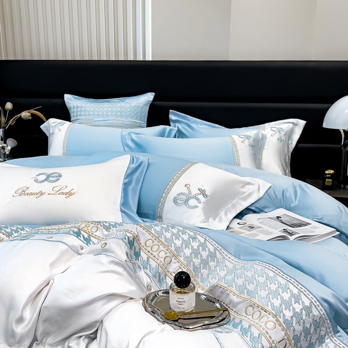 91家纺网 家纺一手货源 找家纺 欧冠家纺 2024新款绣花水洗真丝伊丽莎白四件套 伊丽莎白-梵星蓝