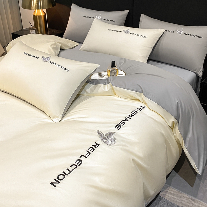 91家纺网 家纺一手货源 找家纺 澳梵家居 2024新款60支全棉刺绣四件套-梦蝶系列 梦蝶-奶白灰