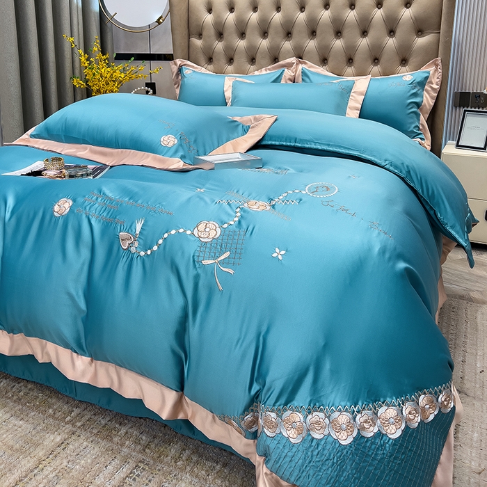 91家纺网 家纺一手货源 找家纺 欧冠家纺 2024新款绣花水洗真丝四件套莱娅四件套 莱娅-孔雀蓝