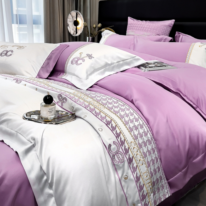 91家纺网 家纺一手货源 找家纺 欧冠家纺 2024新款绣花水洗真丝伊丽莎白四件套 伊丽莎白-素雅紫
