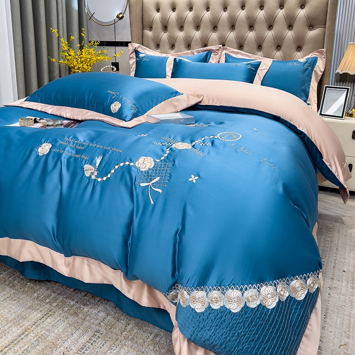 91家纺网 家纺一手货源 找家纺 欧冠家纺 2024新款绣花水洗真丝四件套莱娅四件套 莱娅-宾利蓝