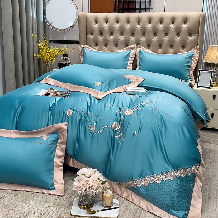 91家纺网 家纺一手货源 找家纺 欧冠家纺 2024新款绣花水洗真丝四件套莱娅四件套 莱娅-孔雀蓝