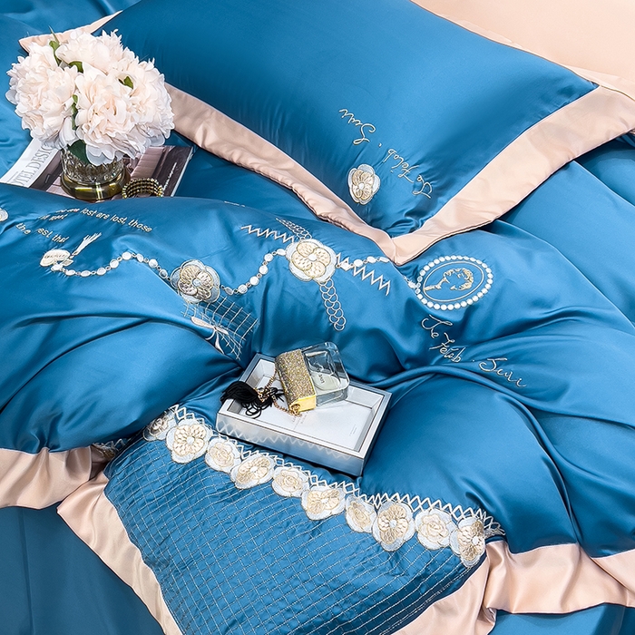 91家纺网 家纺一手货源 找家纺 欧冠家纺 2024新款绣花水洗真丝四件套莱娅四件套 莱娅-宾利蓝
