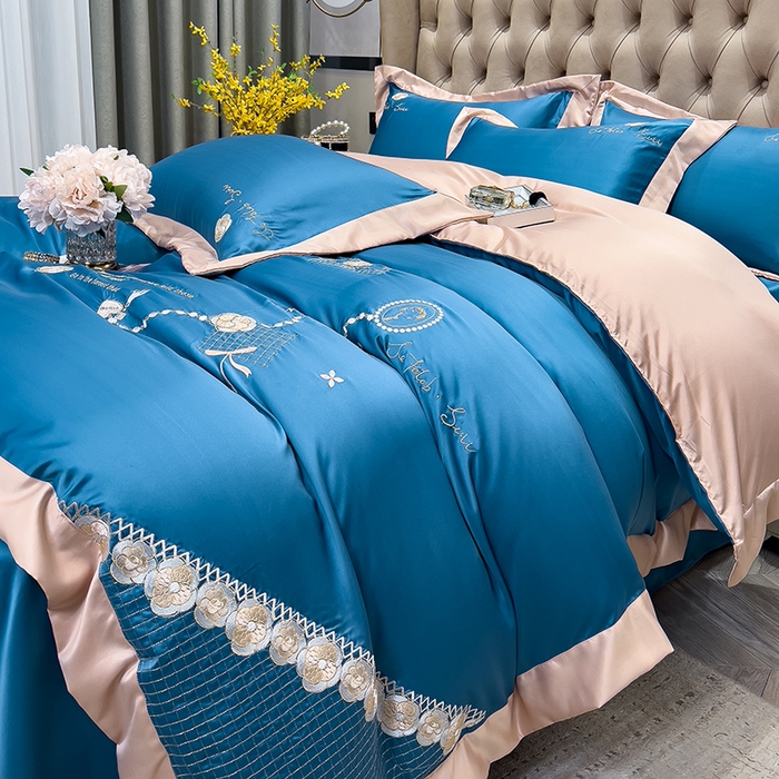 91家纺网 家纺一手货源 找家纺 欧冠家纺 2024新款绣花水洗真丝四件套莱娅四件套 莱娅-宾利蓝