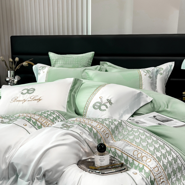 91家纺网 家纺一手货源 找家纺 欧冠家纺 2024新款绣花水洗真丝伊丽莎白四件套 伊丽莎白-抹茶绿