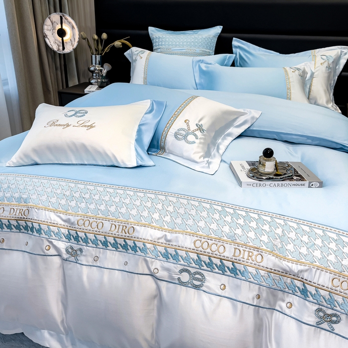 91家纺网 家纺一手货源 找家纺 欧冠家纺 2024新款绣花水洗真丝伊丽莎白四件套 伊丽莎白-梵星蓝