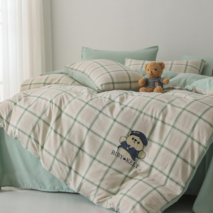 91家纺网 家纺一手货源 找家纺 潮邦创意家居 2025新款春夏亲肤水洗棉刺绣四件套-贝恩熊 贝恩熊-英伦绿