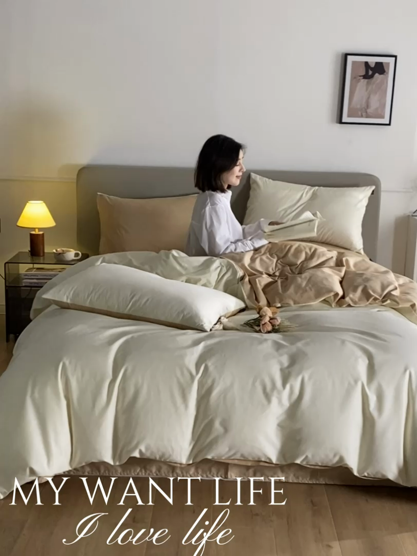91家纺网 家纺一手货源 找家纺 澳梵家居 2024新款60支全棉纯色双拼金标款四件套-素写繁华系列 奶昔白-奇遇金