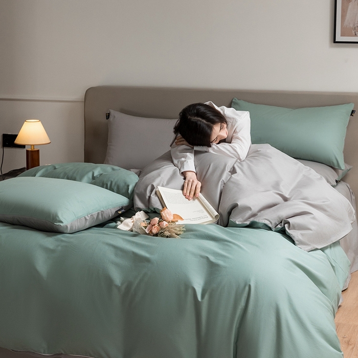 91家纺网 家纺一手货源 找家纺 澳梵家居 2024新款60支全棉纯色双拼金标款四件套-素写繁华系列 烟波绿-椰子灰