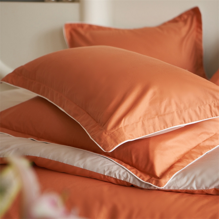 91家纺网 家纺一手货源 找家纺 盛馨 2024新款40长绒棉美拉德色系纯色双拼全棉四件套纯棉三件套床笠套件 橘橙