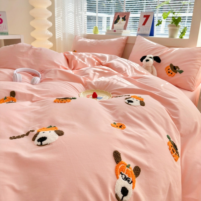 91家纺网 家纺一手货源 找家纺 锦觅 2024春夏新品韩式小清新全棉水洗棉毛巾绣40支重工刺绣纯棉四件套 南瓜派对