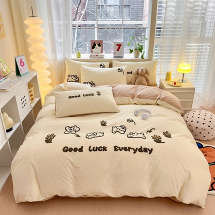 91家纺网 家纺一手货源 找家纺 （总）锦觅 2024春夏新品韩式小清新全棉水洗棉毛巾绣重工刺绣纯棉四件套