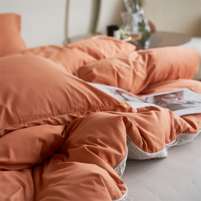 91家纺网 家纺一手货源 找家纺 盛馨 2024新款40长绒棉美拉德色系纯色双拼全棉四件套纯棉三件套床笠套件 橘橙