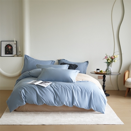 91家纺网 家纺一手货源 找家纺 盛馨 2024新款40长绒棉美拉德色系纯色双拼全棉四件套纯棉三件套床笠套件 爱情海