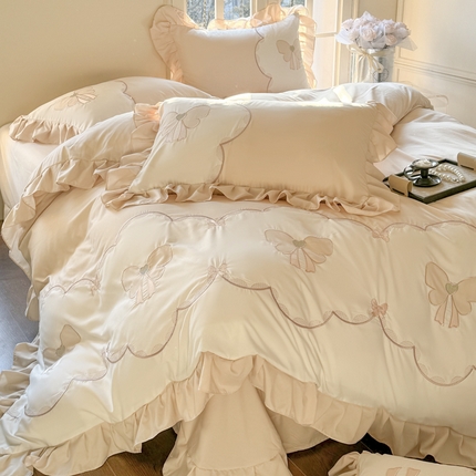 91家纺网 家纺一手货源 找家纺 豪美鑫 2025新款亲肤棉刺绣花边蝶恋花系列四件套 蝶恋花奶咖