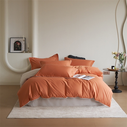 91家纺网 家纺一手货源 找家纺 盛馨 2024新款40长绒棉美拉德色系纯色双拼全棉四件套纯棉三件套床笠套件 橘橙